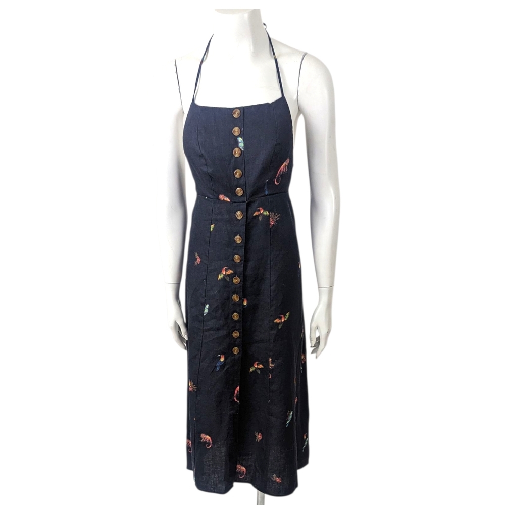 Farm Rio Linen Tropical Midi Dress Womens Small NEW Black Button Toucan Iguana